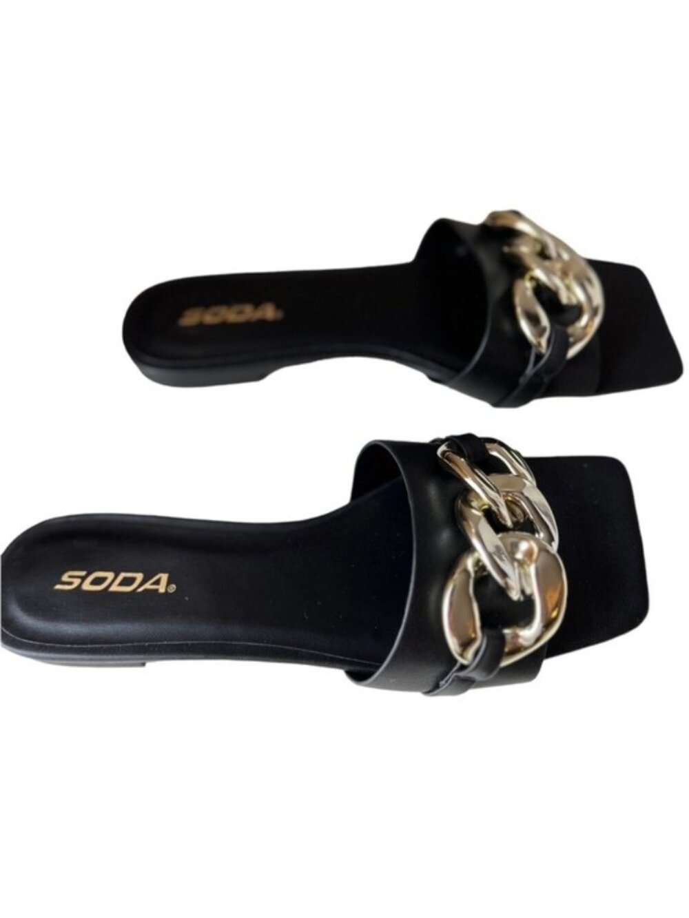 Soda black slip on sandals with large gold chain link accent Size 9 NWOT